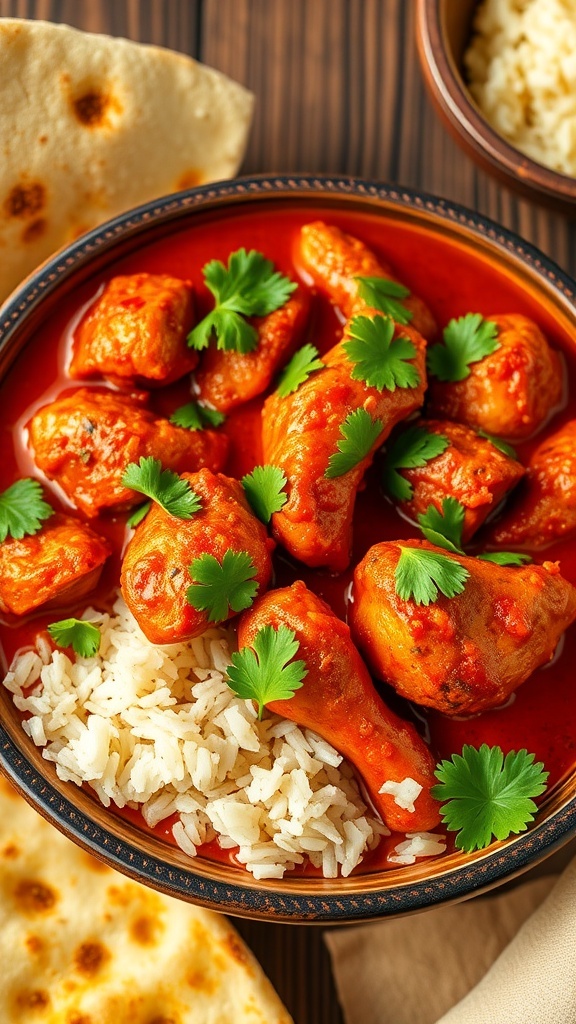 Spicy Tandoori Chicken Curry A bowl of spicy tandoori chicken curry with cilantro, served with naan and rice.